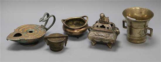 A bronze mortar, weights, a lamp and two censers tallest 11cm